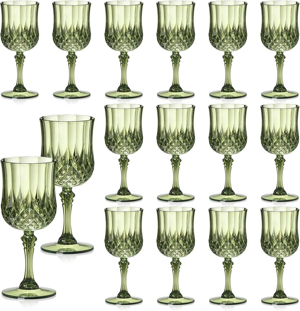 XUWAIDSGN 16 Pcs 7oz Plastic Vintage Wine Glasses Drinking Glasses Unbreakable Wedding Glassware Crystal Water Goblets Reusable Drinkware Vintage Champagne Flutes (16, Dark Green)