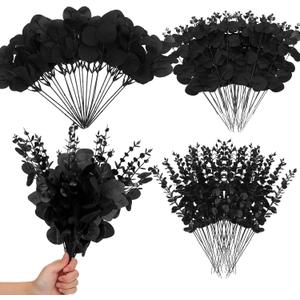 Giegxin 90 Pcs 3 Kinds Mixed Eucalyptus Leaves Stems Bulk Artificial Silver Dollar Leaves Picks Dried Eucalyptus Bundle Faux Spray for Wedding Vase Bouquet Floral Arrangement (Black)