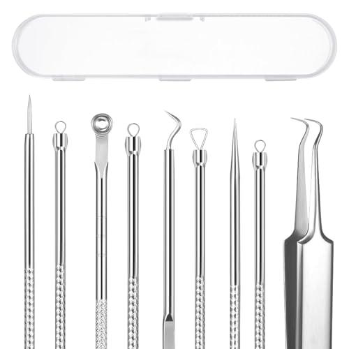AskBed 5PCS Blackhead Remover Comedone Extractor Kit - Professional Stainless Steel Tools for Pimple, Acne, and Blemish Removal - Curved Tweezers Included