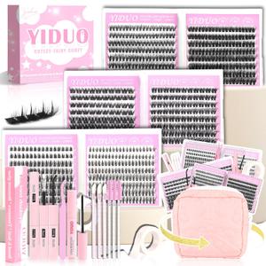 6 Styles Lash Clusters Kit 40D/60D/Volume/Manga/Spikes Portable Lash Makeup Bag Kit 10-18mm Wispy Individual Eyelash Extensions, Volume Studio Effect C/D Curl Lashes Kit with Lash Bond and Seal