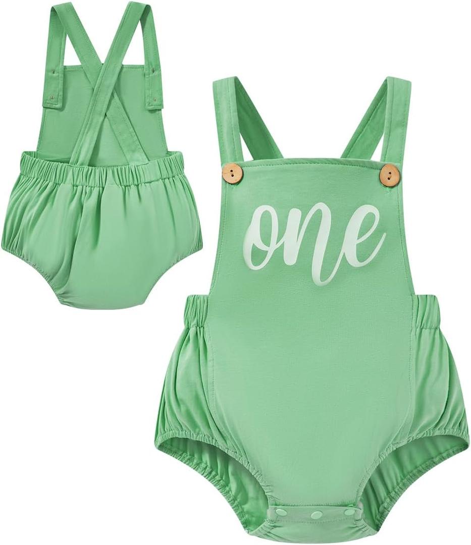 Infant Baby Boys Girls Boho First Birthday Outfit Cake Smash Photo Shoot Backless Overalls Romper (6-12 Months, Green)
