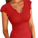 VICHYIE Summer Womens Shirt Short Ruffle Sleeve V Neck/Round Neck Ribbed Casual Tshirt Fitted Tops Blouses (Large, V-Red) L 