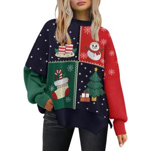 LILLUSORY Women's Oversized Batwing Sweaters 2026 Fall Outfits Trendy Crewneck Knit Side Slit Fashion Pullover Tops (Medium, Red Green)