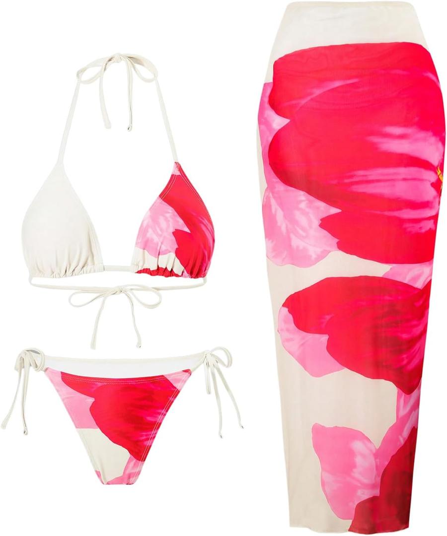 WDIRARA Women's Bikini Sets Floral Print Triangle Halter Tie Back Swimsuit with Cover Up Skirt (Large, Multicolor Wp)