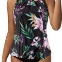 SUUKSESS Women Slimming Tummy Control Tankini Bathing Suits Ruffle High Waisted High Neck 2 Piece Swimsuits(Tropical Floral Black, L)