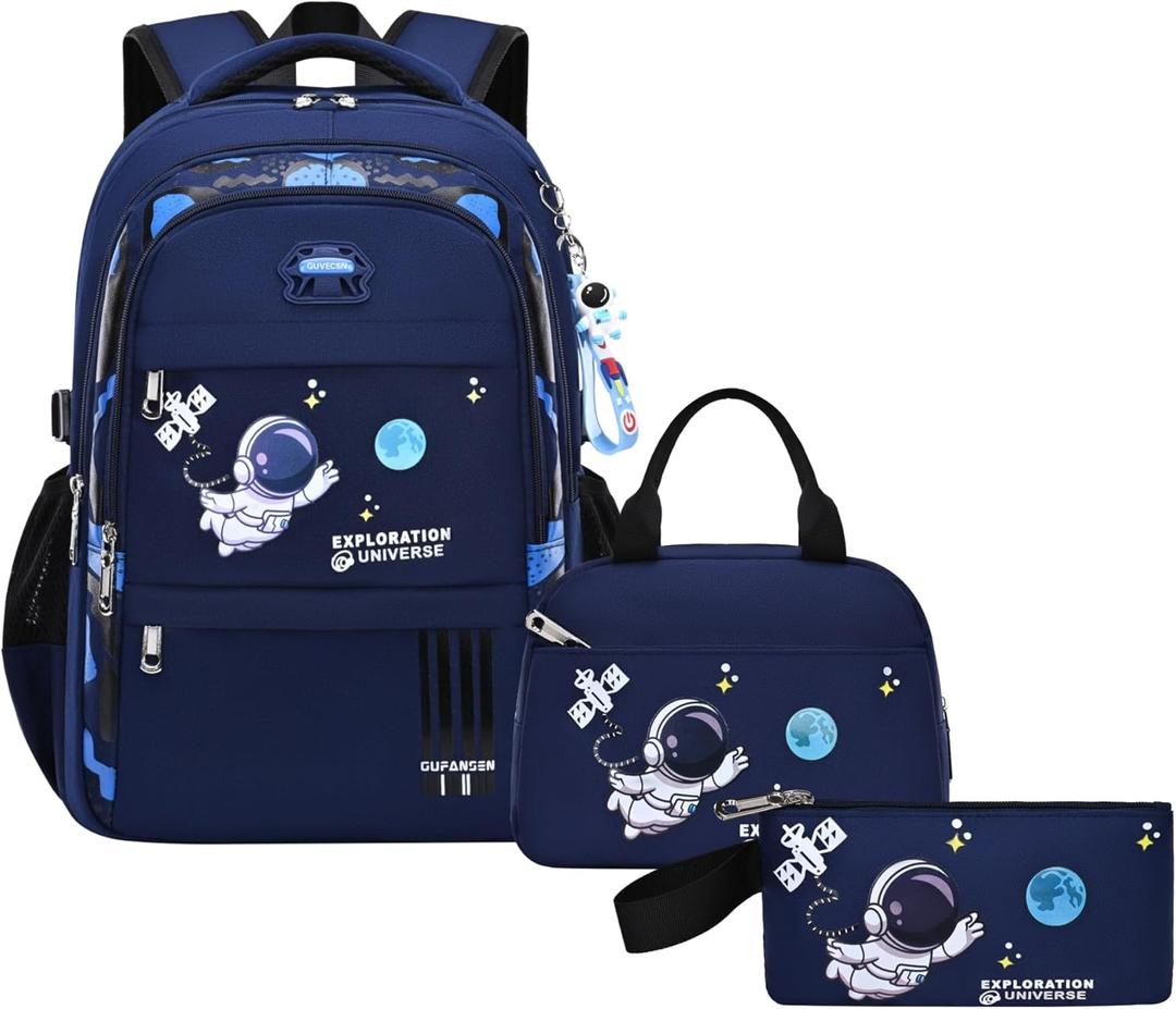 ZHANAO Backpack Set for Boys Astronaut Schoolbag with Lunch Box Pencil Case Set Bookbags for Kids Children Waterproof Lightweight Backpacks (Dark Blue)