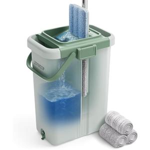 JOYMOOP Mop and Bucket with Wringer Set, Flat Squeeze Mop with Bucket (X-Large), Dust Mop for Wall Cleaner with Long Handle, Microfiber Mop - Green Bucket with 3 Reusable 15" Pads