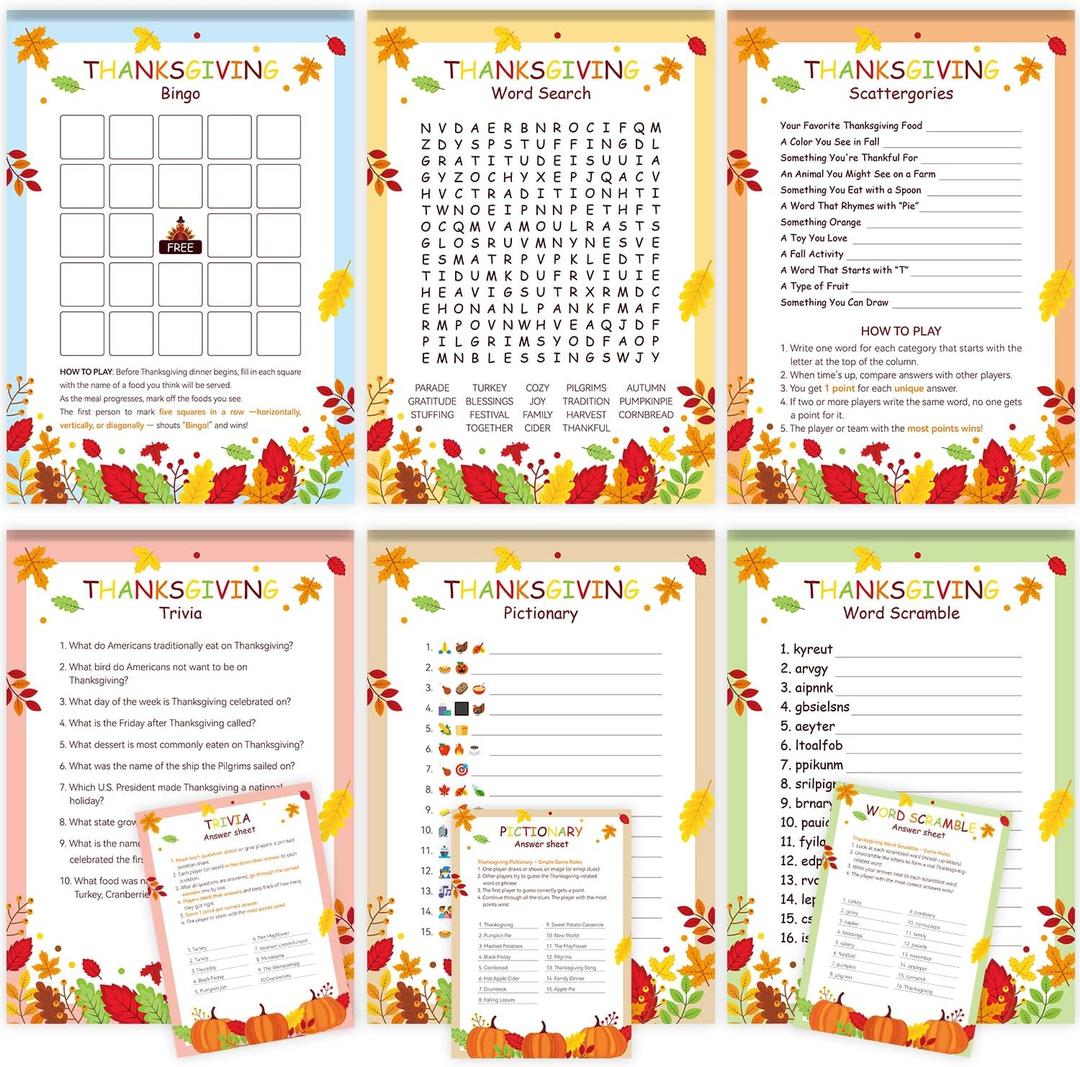 Thanksgiving Games, Thanksgiving Activities, Friendsgiving Games Fall Party Supplies Word Search Scramble Bingo Trivia Pictionary Categories and Answer Keys for Family