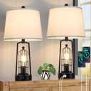 Farmhouse Table Lamps with 2 USB Ports, Set of 2 Rustic Industrial Desk Lamp for Living Room, 2-Light Black Bedside Lamp, Bedroom Nightstand Lamp with White Lampshade for House Decor, Reading