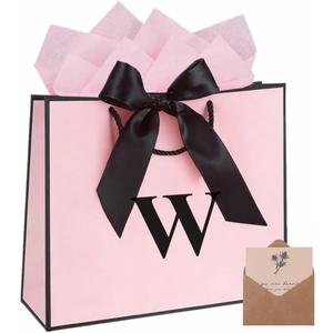 Topaliving Personalized Gift Bag with Card and Tissue Paper, 26 Letters Birthday Gift Bag 13'' Custom Valentines Weddings Present with Initials/Numbers for Women Men Kids(Pink,W)