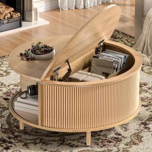 Round Coffee Table, 31.5" Fluted Center Table with Storage, Lift-Top Coffee Table with Adjustable Footpads, Sliding Door, Mid-Century Modern Center Table for Living Room, Small Space (Nature), Round, 31.5-inch Diameter, 17.7-inch Height