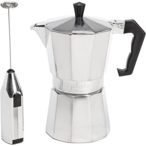 Primula Stovetop Espresso Maker and Handheld Electric Milk Frother Gift Set, Moka Pot for Classic Italian and Cuban Coffee, Cafetera, 6 Espresso Cups, Silver