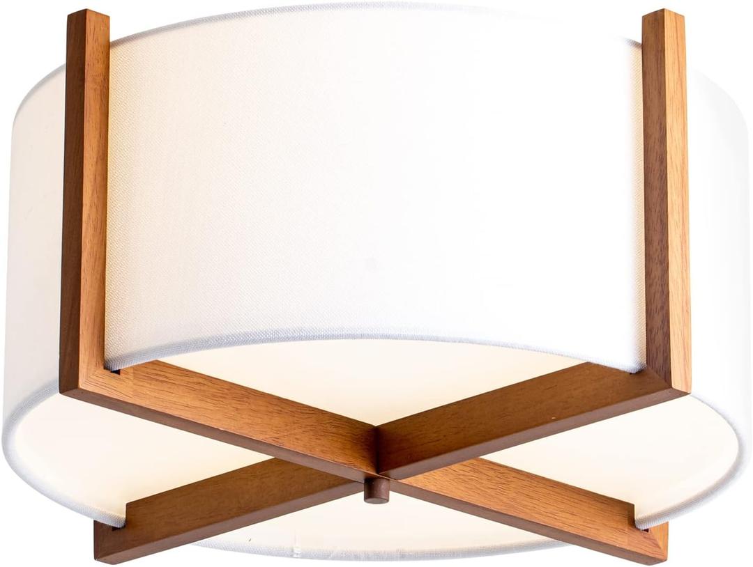 VILUXY Semi-Flush Mount Ceiling Light Fixture with Wood and Off-White Fabric Drum Shade Modern Chandelier for Bedroom, Dining Room, Corridor, Living Room 4-Light