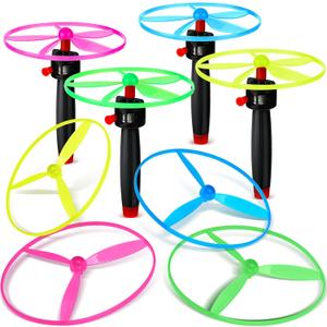 Meooeck Disk Helicopter Toy Disco Flyers Include 12 String Launchers and 24 Flying Saucer Disk Launcher Toy Fly Toys for Outdoor Activity Little Teens Birthday Party Favors(36 Pcs)
