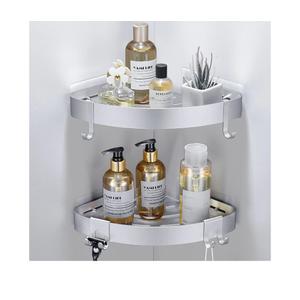 DUFU Adhesive Corner Shower Caddy with Hooks,Bathroom Shower Organizer, No Drilling Rust Proof Aluminum Shower Shelf for Inside Shower 2 Pack (Silver)