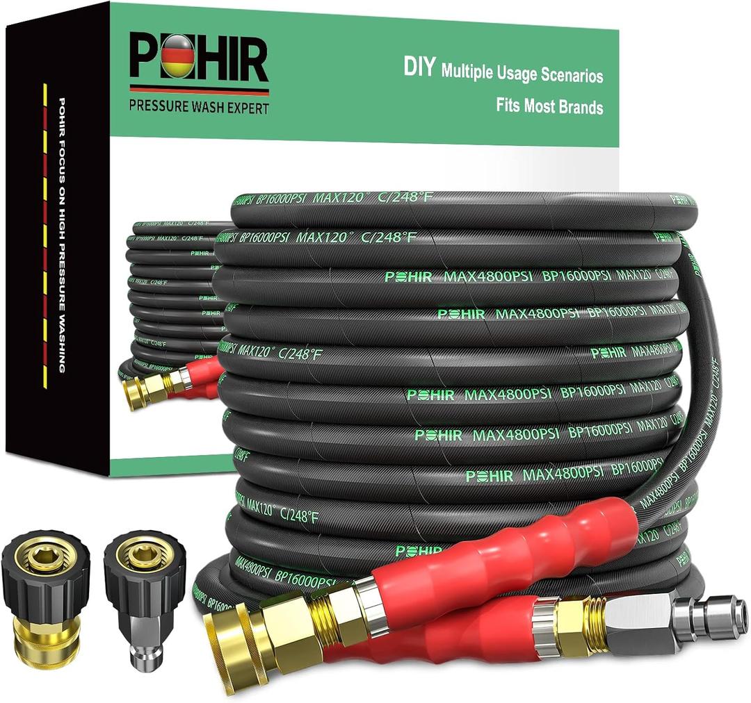 POHIR 3/8" Pressure Washer Hose 50 FT for Cold and Hot Water Max 248F with Quick Connect, 4800psi Kink Resistant Industry Grade Steel Wire Braided Synthetic Rubber Jacket with 2 M22 14mm Adapter Set