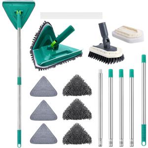 Wall Cleaner Mop with Long Handle 85 Inches Baseboard Cleaner Tool Duster with 6 Replacement Pad and 2 Tile Tub Brush, Wall Mop for Cleaning Ceiling Window Tile Tub, Green