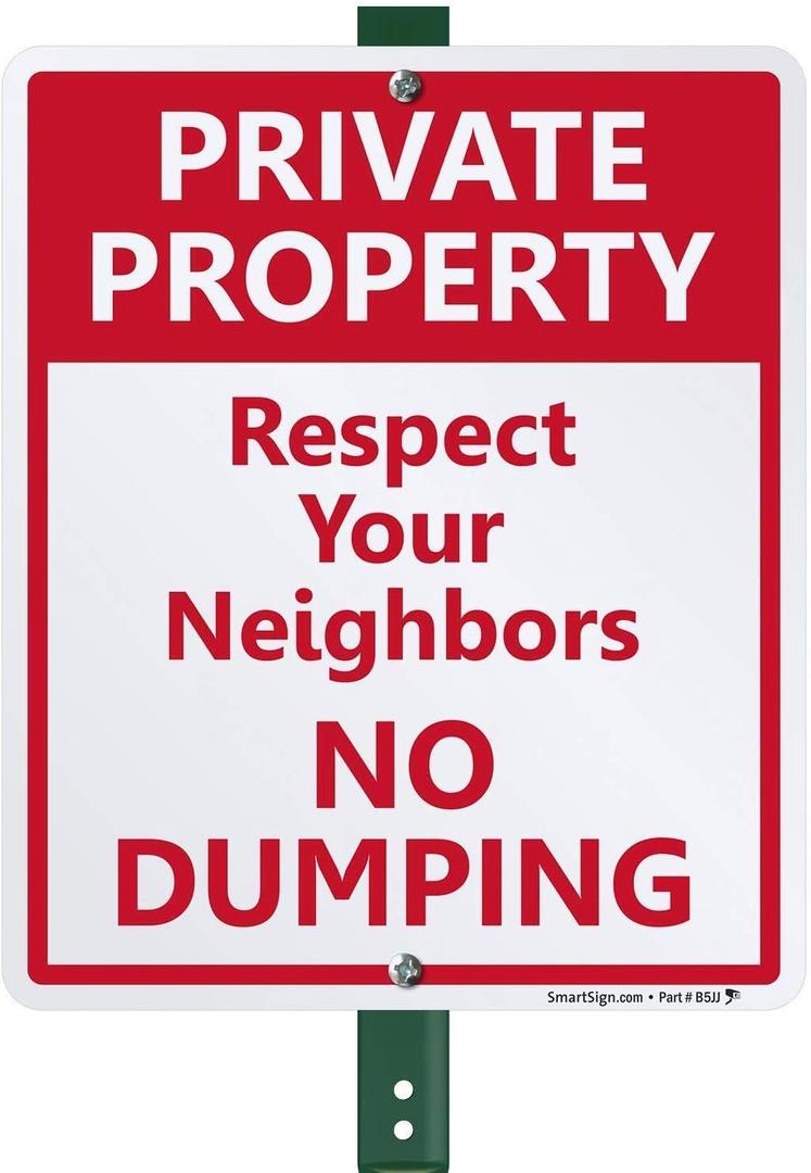 SmartSign 12 x 10 inch Private Property - Respect Your Neighbors, No Dumping Yard Sign with 3 foot Stake, 40 mil Laminated Rustproof Aluminum, Red and White, Set of 1, Made in USA