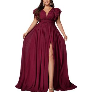 VOUIAO Women's Plus Size Bridesmaid Dresses Chiffon Wedding Guest Summer Maxi Dress Elegant Prom Evening Party Cocktail Gown Burgundy 2XL
