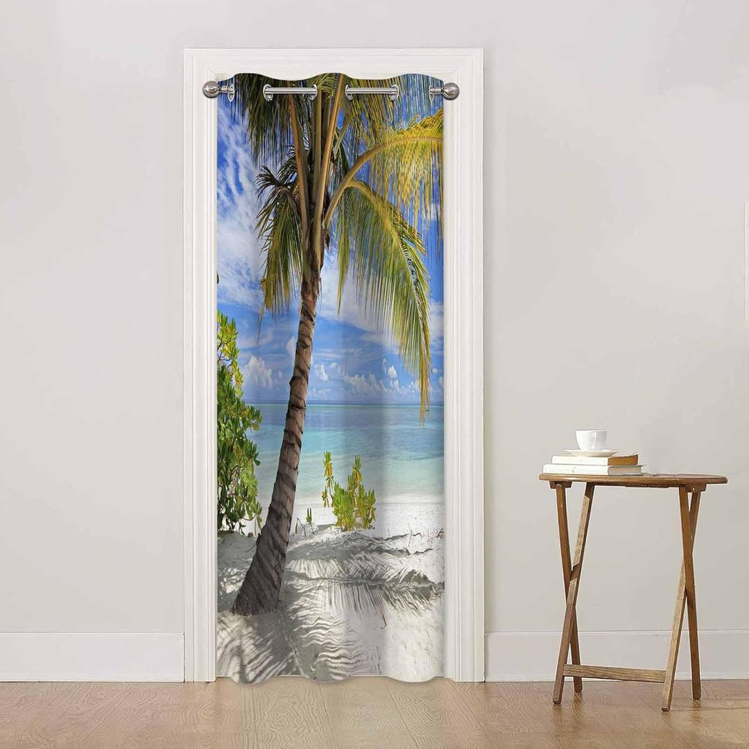 Sandy Beach Door Curtain for Doorway Window Tropical Sea Palm Tree Summer Door Cover Curtain Books Closet Curtain Bedroom Living Room Closet, 1 Panel 42" W X 80" L