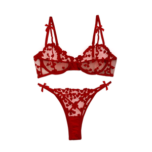 Lilosy Sexy Underwire Cute Push Up Strappy Embroidered Mesh Sheer Lingerie Set See Through Panty Bra M