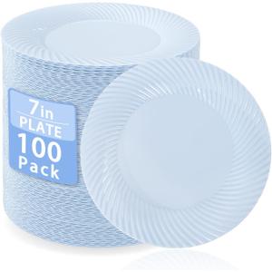 7 Inch Blue Plastic Plates, 100 Count Disposable Heavy Duty Dessert Plates, Disposable Blue Salad Plates,Premium Hard Plates for Party, Weddings & Events