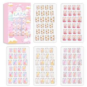 Laza 120pcs Children Nails Press On Pre-glue Full Cover Nail Tips Kit Glitter Gradient Color Rainbow Short Artificial False Nail Kits Lovely Christmas Gift for Children Kids Girls - Rainbow Flower