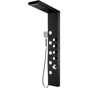 ROVOGO Shower Panel Tower System with Rainfall Waterfall Shower, 5 Body Jets and 3-Setting Handheld, 304 Stainless Steel Shower Column Wall-Mount, Black