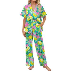 SHESHOW Satin Pajamas for Women Set Button Down Sleepwear Print Pjs Set 2 Piece Short Sleeve Long Loungewear Size XL