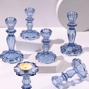 Blue Candlestick Holders Set of 6, Taper Candle Holders, 4.3" H & 6.3" H Glass Candle Holder for Candlesticks & Pillar Candles, Candle Holder for Table Centerpieces and Wedding Decor