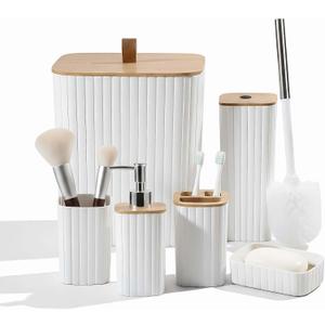 CJC 6-Pcs Bathroom Accessories Set with Bamboo Lids, Matte White Bathroom Organizer Kit, Includes Toilet Brush, Trash Can, Soap Dispenser, Soap Dish, Toothbrush Holder & Cup, Fits Minimalist Bathrooms
