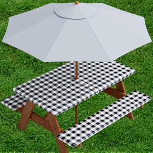 Sorfey Vinyl Umbrella Picnic Table and Bench Fitted Tablecloth Cover, Checkered Design, Flannel Backed Lining, 30x60 Inch, 3-Piece Set, Black