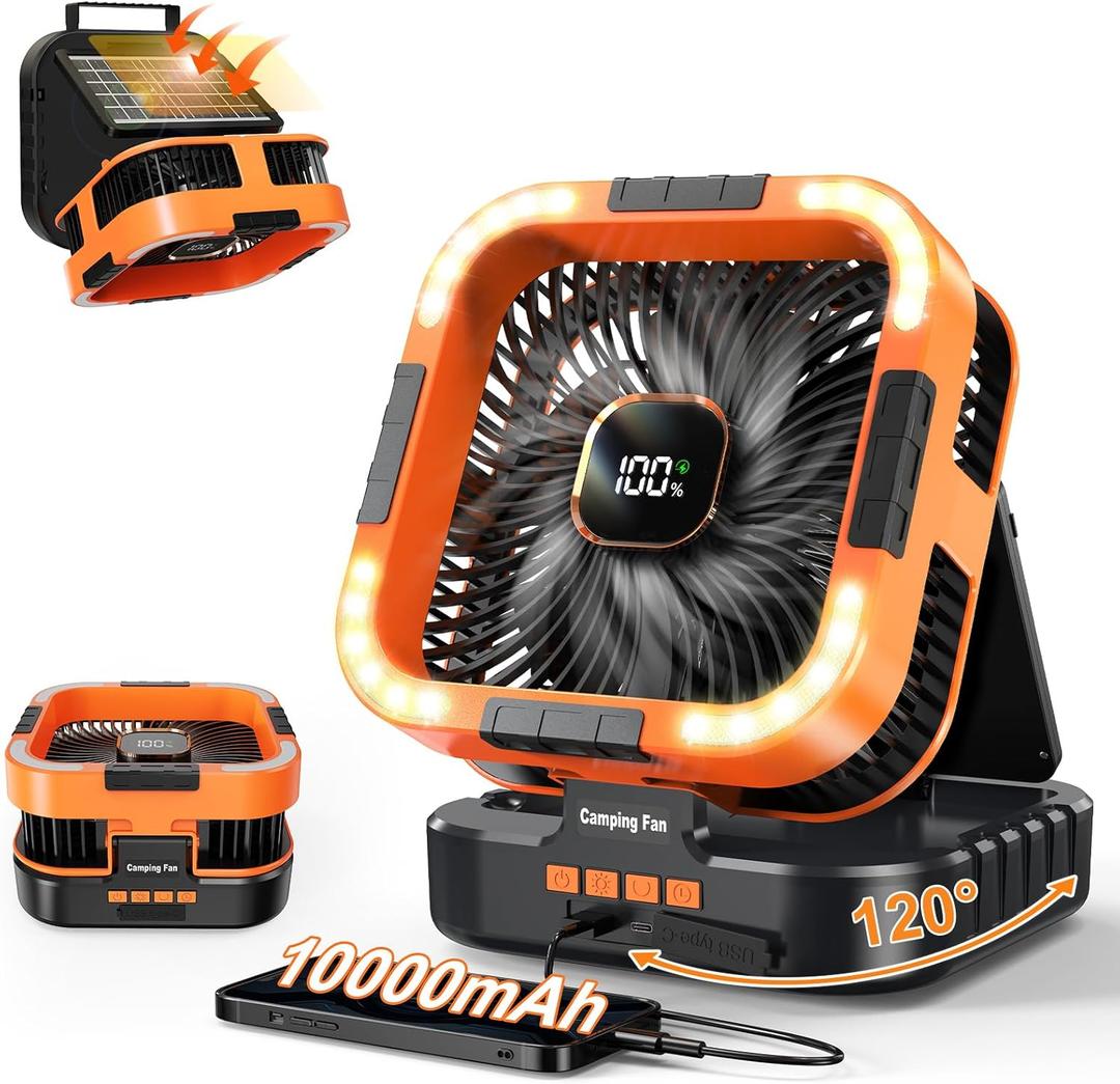 Portable Camping Fan with Solar Panel, 10000mAh Solar Powered fan, 6 Speed Levels, 120 Oscillation, 3 Light Modes, 6H Timer, Handle, Foldable Rechargeable Outdoor Fan for Tent, Hiking, Beach