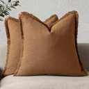 Foindtower Set of 2 Decorative Linen Fringe Throw Pillow Covers Boho Farmhouse Cushion Cover with Tassels Soft Accent Pillowcase for Couch Chair Sofa Bed Living Room Home Decor,1818 Inch,Tan Beige (Semolina)