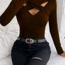 Womens Sexy Long Sleeve Cutout Tops Criss Cross V Neck Slim Fitted Spring Fall Casual Trendy Shirts (Brown, XS)