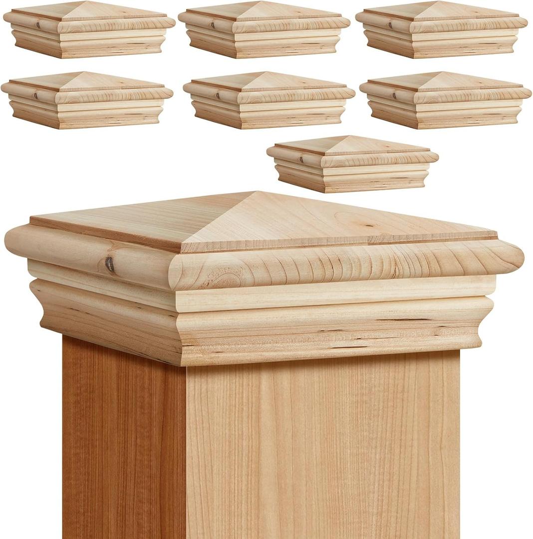 Geetery 8 Pcs 4 x 4 Wood Newel Post Cap Fence Post Cap for Fence Topper Top Resistant Decking Caps for Outdoor Fences, Mailboxes and Decks (Cedar Wood)