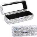 Rhinestone Lipstick Case with Mirror, Bling Crystal Lipstick Case Diamonds Makeup Cosmetic Storage Box Holder for Purse Ladies Fashion (Silver Color)
