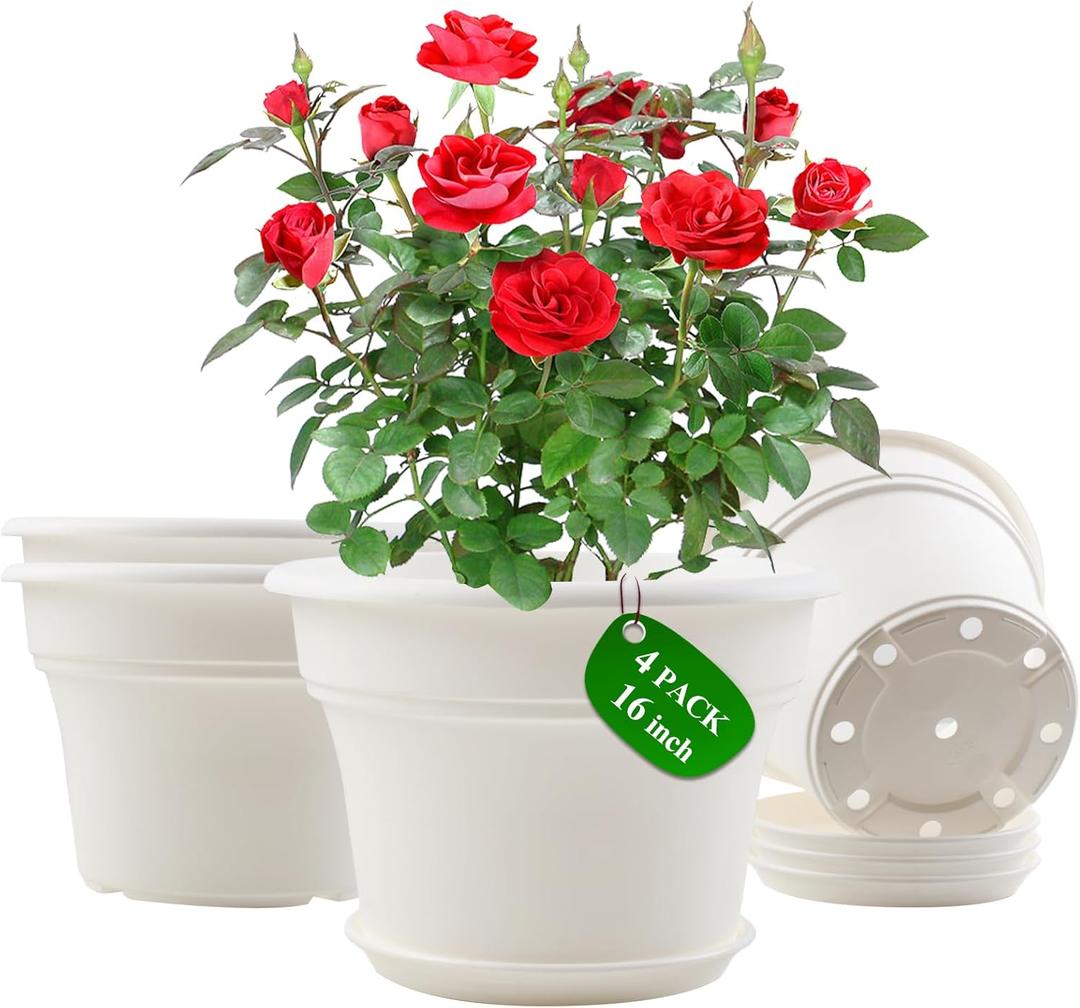 16 inch Plastic-Flower-Pot-for-Indoor-Plants, 4 Pack Large Outdoor Planter Pot with Drainage Holes & Saucers, Resin Decorative Garden Pots Planters (White)
