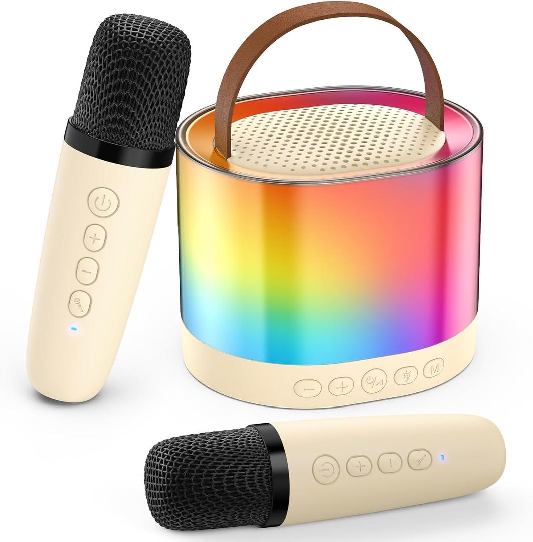 JYX Mini Karaoke Machine for Kids Adults, Portable Bluetooth Speaker with 2 Microphones, Support TF/AUX Input/4 Funny Magic Voice (Ivory White-2 Mic)