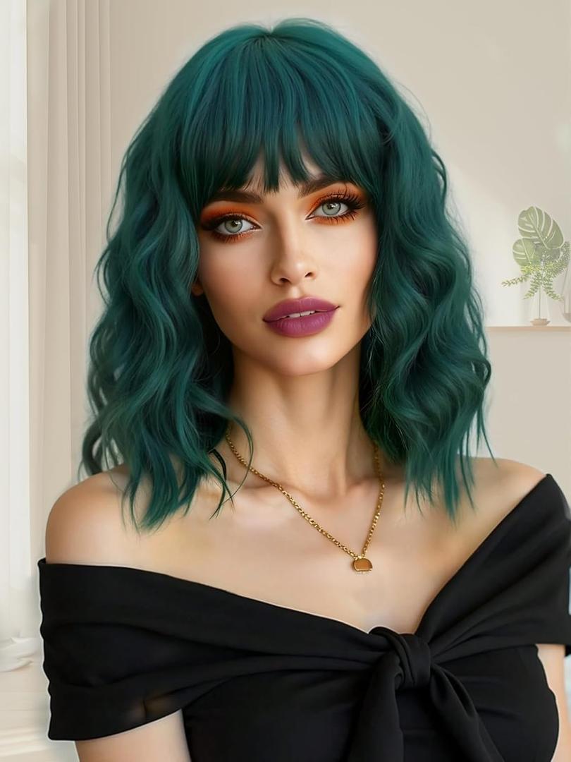 Mairead Dark Green Wig With Bangs Short Wavy Curly Bob Wig With Bangs Color Dark Green Wigs For Women Synthetic Heat Resistant Wigs for Halloween Costumes Cosplay Daily (Body)