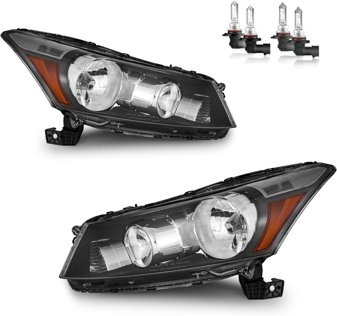 Headlights Assembly for 2008-2012 Honda Accord 4Dr, High/Low Beam W/Bulbs, Driver & Passenger Side, NOT fit coupe models or Crosstour models (OE Replacement)