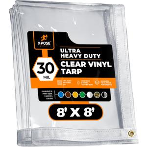 8' x 8' Clear Vinyl Tarp - 30 Mil Super Heavy Duty Transparent Waterproof PVC Tarpaulin with Brass Grommets - for Patio Enclosure, Temporary Wall, Camping, Tent Cover, Canopy - by Xpose Safety