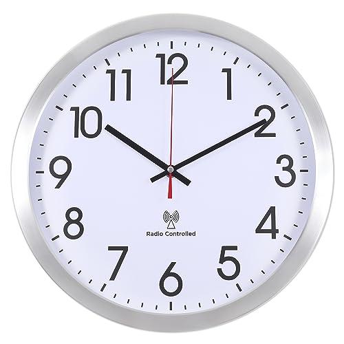 Vigorwise Atomic Analog Wall Clock, 14Inch Radio Controlled Sets Automatically Wall Clock, Aluminum Frame WallClock for Home School Office