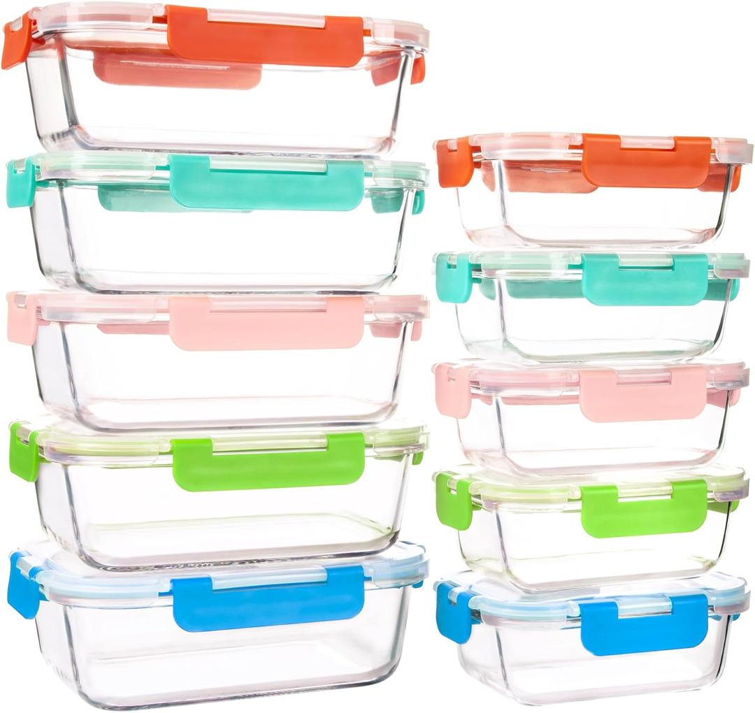 UMEIED 10 PACK Glass Food Storage Containers with Leak Proof Lids, Glass Airtight Meal Prep Containers Set for Lunch, On the Go, Leftover, Kitchen Pantry Organizers and Storage (Multicolor)
