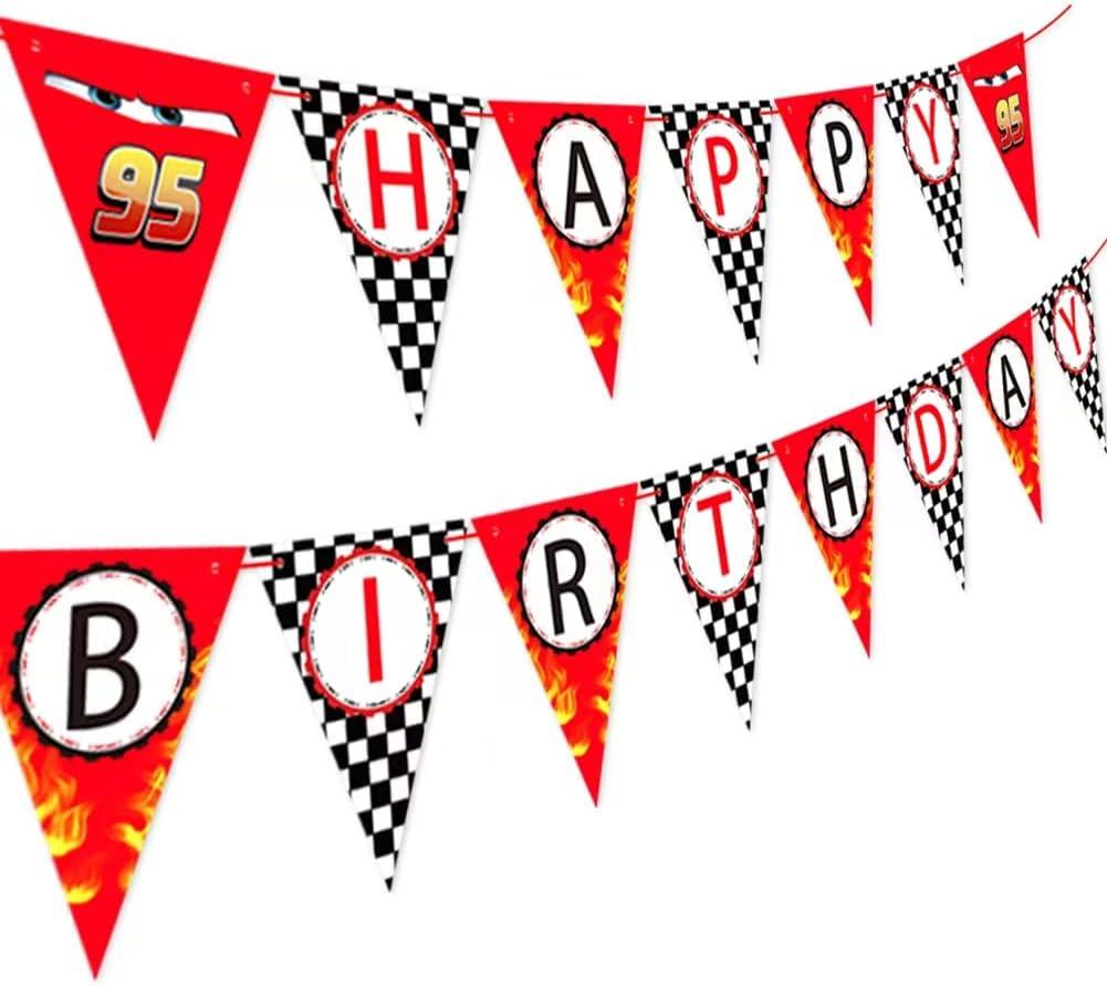 Race Car Happy Birthday Banner - Racing Themed Party Sign, Checkered Flag Decorations