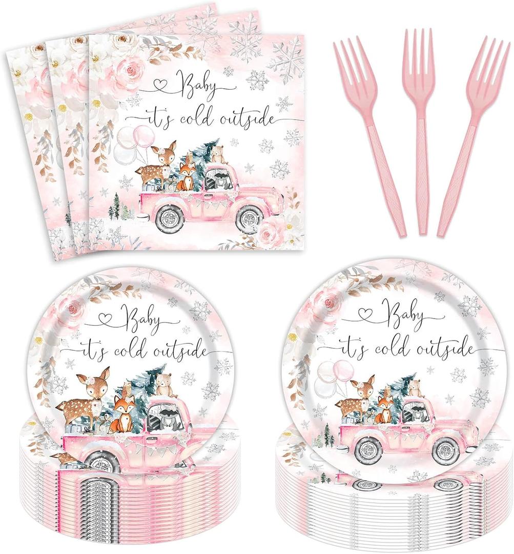 96Pcs Winter Woodland Baby Shower Party Supplies Forest Animals Baby It's Cold Outside Pink Party Plates Napkins Decoration for Girl Disposable Paper Tableware for 24 Guests
