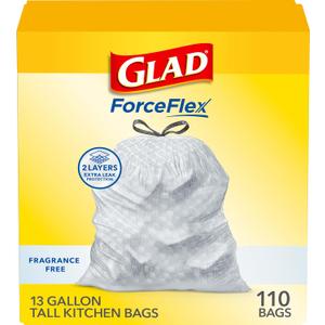 Glad ForceFlex Tall Kitchen Drawstring Trash Bags, 13 Gal, Fragrance Free, 110 Ct