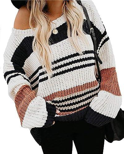 ZESICA Women's Fall Long Sleeve Crew Neck Striped Color Block Casual Loose Knitted Pullover Sweater Tops.L