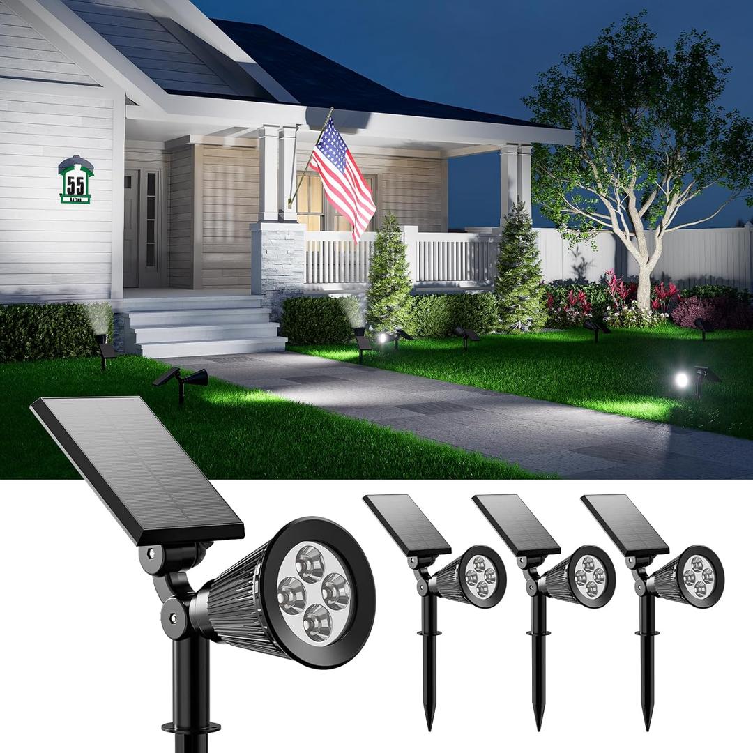 4 Pack Solar Spotlights Outdoor Waterproof for Tree, Statue, Flower, Pot, Bush, Wall, Bright LED Outside Landscape Flood Lights for Security Uplighting Yard, Garden, Driveway, Walkway, House, Fence (Cool White)