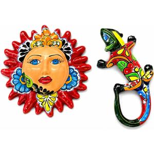 Mexican Talavera Wall Decor Bundle – 10 Inch Hand Painted Ceramic Sun Face & Multicolor Talavera Lizard | Handmade Mexican Folk Art | Indoor & Outdoor Wall Decoration